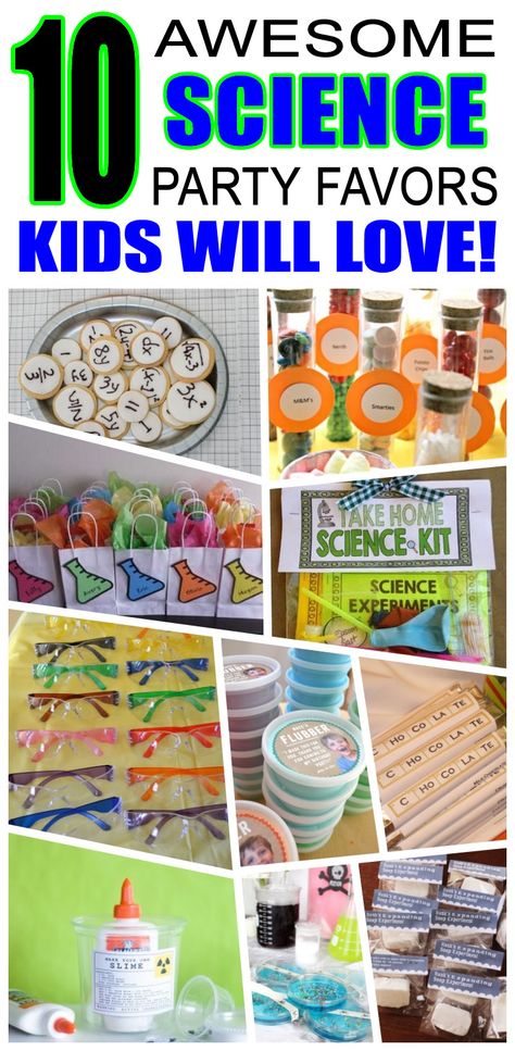 Great science party favors kids will love. Fun and cool science birthday party favor ideas for children. Easy goody bags, treat bags, gifts and more for boys and girls. Get the best science birthday party favors any child would love to take home. Loot bags, loot boxes, goodie bags, candy and more for science party celebrations. Science Birthday Party Favors, Party Favor Ideas For Kids, Science Party Favors, Science Birthday Party Ideas, Scientist Birthday Party, Mad Scientist Birthday, Mad Science Party, Awesome Party Favors, Mad Scientist Party