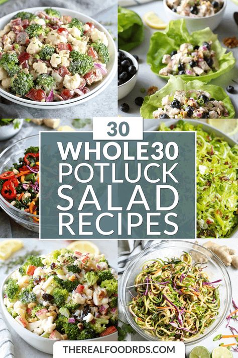 30 Whole30 Potluck Salads | whole30 salad recipes | whole30 party sides | whole30 side dishes | healthy potluck sides || The Real Food Dietitians #whole30sides #whole30salads #healthysalads Paleo Potluck, Potluck Salads, Recipes Potluck, Whole 30 Salads, Healthy Potluck, Potluck Salad, Real Food Dietitians, Asian Chicken Salads, Bacon Potato Salad