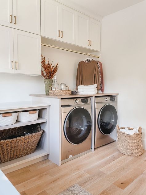 Neutral Wood Tones, Bright Laundry Room, Pink Laundry Rooms, Laundry Room/mudroom, Laundy Room, Pottery Barn Style, White Laundry Rooms, Square Pouf Ottoman, Laundry Room/mud Room