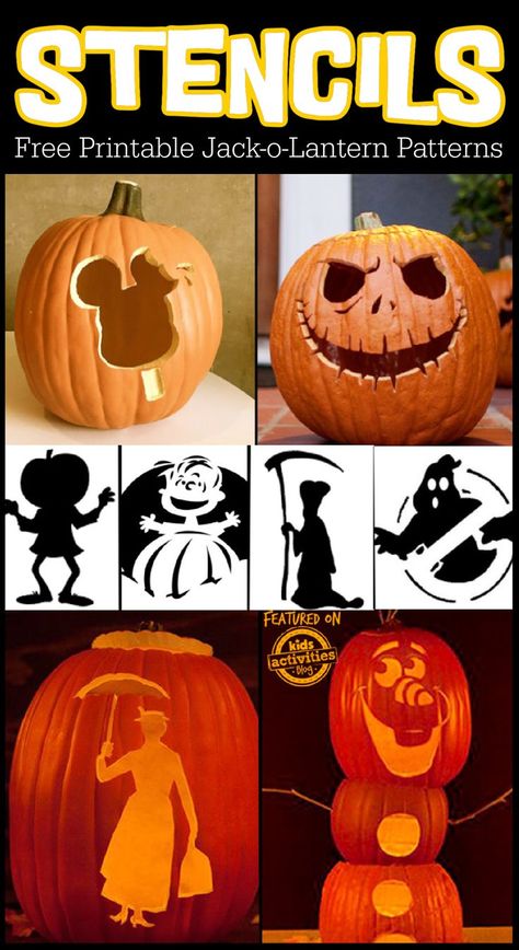 Text: Free printable jack o lantern pattern stencils - collage of different finished carved pumpkins for Halloween using stencils and several stencil pattern printables - Kids Activities Blog Jack O Lantern Patterns, Kitty Pumpkin Carving, Pumpkin Carving Printables, Pumpkin Carving Stencils Easy, Free Printable Pumpkin Carving Stencils, Printable Pumpkin Carving Stencils, Pumpkin Carving Stencils Templates, Breezeway Ideas, Printable Pumpkin Stencils