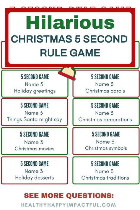 Hilarious Christmas-themed 5-second rule game card with categories like holiday greetings, Christmas carols, and things Santa might say. 5 Second Rule Christmas Questions, Christmas Children’s Party Games, Crismas Games, Christmas Icebreakers For Adults, Christmas Traditions Adults, Name Three Things Game, Christmas Games For Family Top 10 Fun Party Ideas, 4th Grade Christmas Party Games, 5 Second Christmas Game