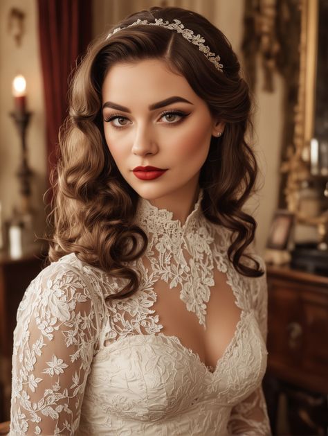 Vintage Wedding Makeup Bridal Looks, Makeup Bridal Looks, Vintage Wedding Makeup, Vintage Bridal Makeup, Makeup Looks Easy, Waterfall Hairstyle, Romantic Makeup, Elegant Bun, Grecian Goddess