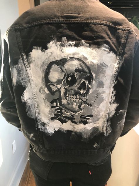 Premium Levi's Denim jackets, hand-painted and sealed Customized Jackets Ideas, Trash Jacket, Hand Paint Denim Jacket, Black Denim Aesthetic, Custom Painted Jacket, Alt Jacket, Customized Denim, Custom Jacket Paint, Jacket Painting Ideas