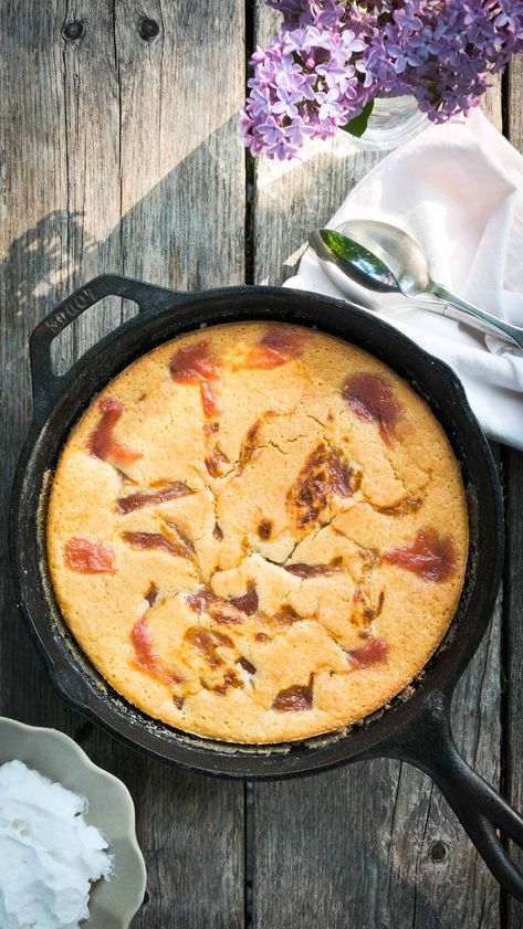 Erin’s Famous Spoon Cake | Gluten Free Rhubarb Cake - Molé in the Wall Lost Kitchen Recipes, Gluten Free Rhubarb, Erin French, Kitchari Recipe, The Lost Kitchen, Dairy Free Milkshake, Lost Kitchen, Spoon Cake, Rhubarb Compote