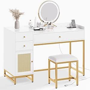 Lamerge Makeup Vanity Desk with Stool, Rattan Makeup Table Vanity Table Set with Power Outlet,Dressing Table with Drawers & Cabinet, Makeup Desk for Bedroom,Women, Girls, White+Gold Desk Vanity Combo, Boho Vanity, White And Gold Dresser, Vanity Station, Bedroom Women, Office Table And Chairs, Vanity Inspo, Desk Vanity, Dressing Table With Drawers