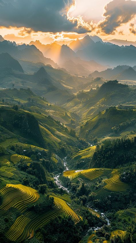 "Majestic Mountain #SunrisePhotography: A breathtaking view of the sun casting golden hues over terraced fields in a mountain valley. #MountainView #TerracedLandscape #ScenicValley #GoldenHour #AIArtistry #AIPhotography #StockCake ⬇️ Download and 📝 Prompt 👉 https://stockcake.com/i/majestic-mountain-sunrise_724076_445034" Sunrise Images, Sunrise Mountain, Mountain Sunrise, Mountain Valley, Sea Design, Mountain Photography, Halloween Illustration, Sunrise Photography, Breathtaking Views