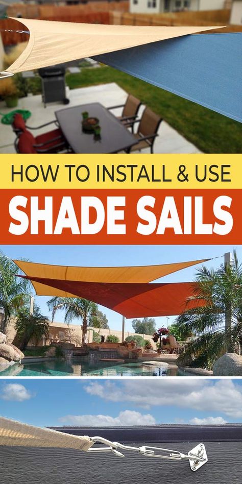 How to Install & Use Shade Sails • The Garden Glove Shade Sails Patio Diy, Tarps For Shade Patio, Pool Shading Ideas, How To Install Shade Sails, Pool Shade Sail Ideas, Shade Covers Outdoor, Shade Sail Ideas Backyards, Sail Shade Post Ideas, Diy Shade Sail Posts