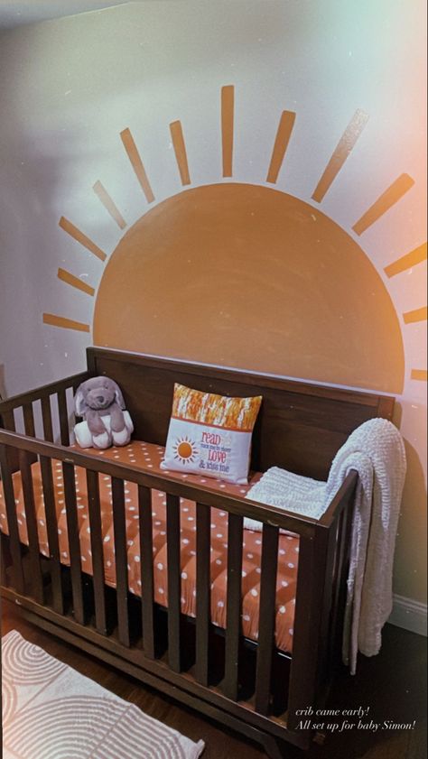 Sun Crib Bedding, Sun Painted On Wall Nursery, Boho Sunshine Room, Sun Wall Nursery, Boho Sun Themed Nursery, Orange Nursery Ideas Gender Neutral, Yellow Sunshine Nursery, Sun Nursery Wall, Ray Of Sunshine Nursery