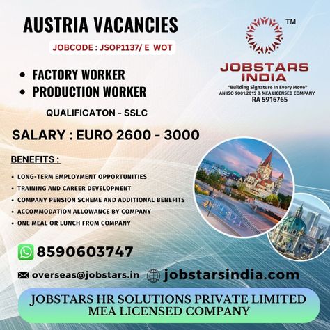 #overseasjobs #overseas #abroad #abroadjobs #jobs #jobstarsindia #jobstarsindia #jobstarshrsolutionspvtltd #jobseekers #jobsearch #jobopening #jobopportunity #abroadcareer #jobhunt #freshersjob #freshervacancies #europejobs #europe #europevacancies #europejobseeker #netherlands #netherlandsjob #netherlandsvacancies #europevacancies #europejobseeker #eu #eujobs #european #european #austria #austriajobs #austriavacancies
APPLY NOW VIA WHATS APP +918590603747 OR MAIL CV TO OVERSEAS@JOBSTARS.IN Overseas Jobs, Factory Worker, Job Vacancies, Ansett Australia, Employment Opportunities, Whats App, Job Opening, Career Development, Job Hunting