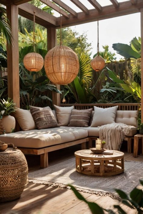 Stylish backyard lounge area surrounded by tropical plants. Hawaii Backyard Ideas, Hawaii Backyard, Cozy Backyard Ideas, Small Backyard Design Ideas, Backyard Garden Ideas, Backyard Design Ideas, Cozy Backyard, Small Backyard Design, Backyard Design