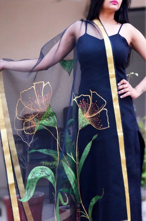 Black organza 3D Floral Handpainted Stole Stoles And Scarves, Floral Dupatta, Saree Painting Designs, Fabric Paint Diy, Choli Dress, Saree Painting, Hand Painted Dress, Fabric Painting On Clothes, Dress Painting