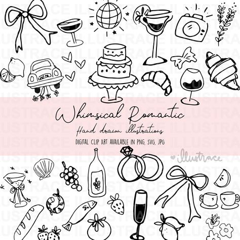 Whimsical svg Romantic Wedding Clipart Bundle - Hand Drawn Illustrations, Icons for Wedding Invitations, Menu, Bridal Invites, Wavy Border Wedding Doodle Art, Romance Doodles, Wedding Doodles, Whimsical Doodles, Engagement Invites, Branding Moodboard, Whimsical Romantic, Wedding Svg, Place Card Template