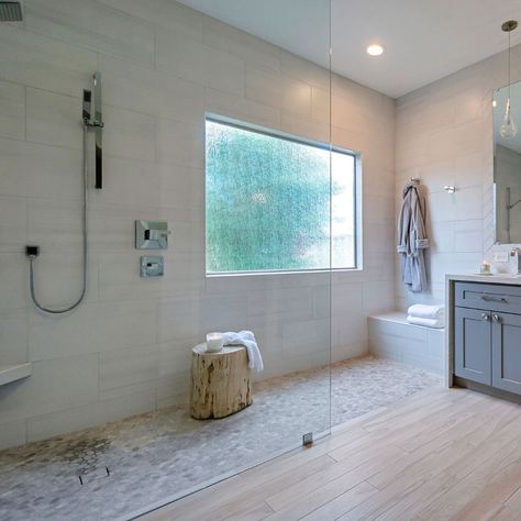 Flat Walk In Showers, Tile For Bathroom Shower Walk In, Big Master Shower Walk In, Long Narrow Walk In Shower Ideas, Barrier Free Shower Ideas, Long Walk In Shower Ideas, Large Walk In Shower With Window, Walk In Shower With Dry Off Area, Farmhouse Walkin Showers