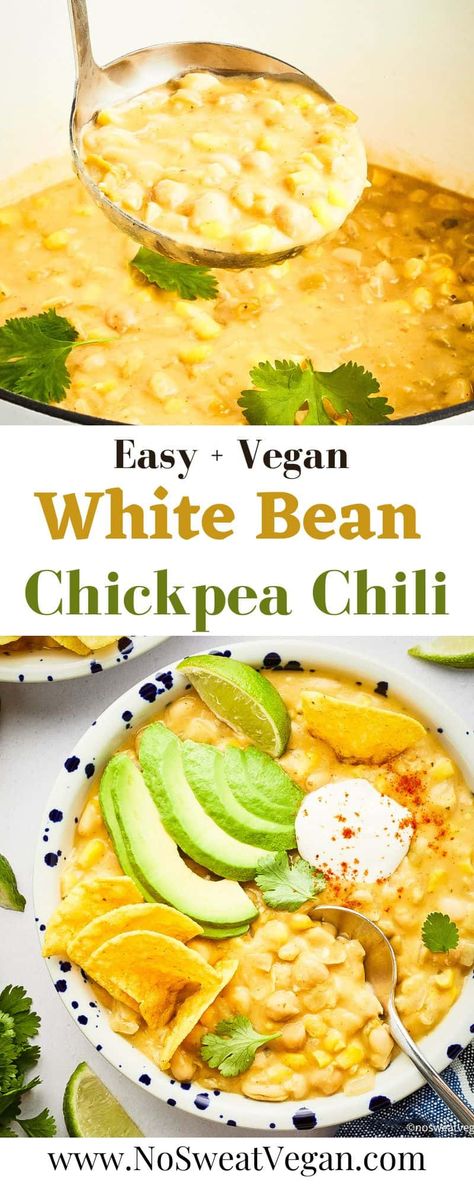 Chili With Chickpeas, Vegan White Bean Chili, White Bean Chili Recipe, Healthy 2024, Veg Meals, Meatless Mains, White Bean Chili, Veggie Chili, Meatless Meal