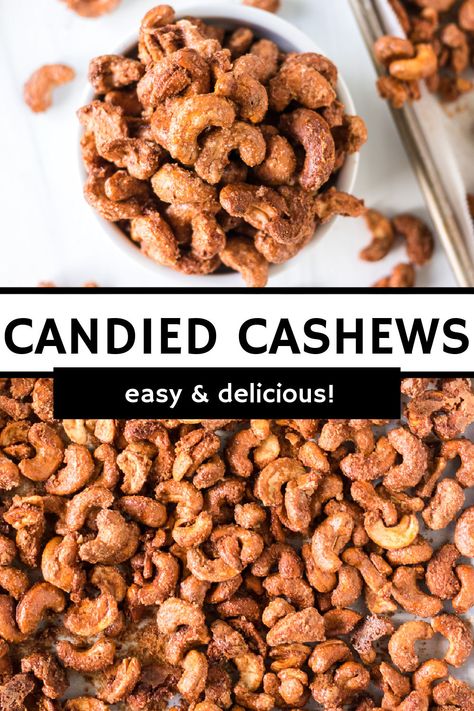 Easy Candied Cashews are crunchy, a little bit salty, and a little sweet with the cinnamon sugar coating. Perfect for snacking or gifting! | www.persnicketyplates.com Cinnamon Roasted Cashews, Cinnamon Cashews Roasted, Cashew Snack Ideas, Cinnamon Sugar Cashews, Candy Cashews Recipes, Cashew Nuts Recipe, Candied Cashews Easy, Cashew Ideas, Recipes Using Cashews