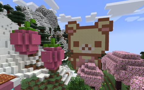 pink strawberries and bear white bear Rilakkuma build idea minecraft Bunny House Minecraft, Minecraft Bunny House, Minecraft Carrot, Minecraft Builds Aesthetic, Coquette Minecraft, Fairycore Minecraft, Cute Minecraft Builds, Minecraft Animals, Pink Minecraft