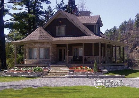 front Country cottage with wrap around porch, open floor plan, centralized fireplace - Florence Cottage With Wrap Around Porch, Porch House, Drummond House Plans, Rustic House Plans, Building A Porch, Country House Plan, House With Porch, Wrap Around Porch, Country Bedroom