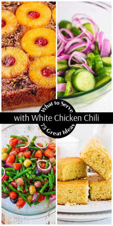 Wondering what to serve with White Chicken Chili? Here's a great resource list of 75 side dishes, breads, desserts, and even wine recommendations! #sidedishes What To Serve With Green Chili, What To Serve With White Chicken Chili, White Chicken Chili Sides, Sides For White Chicken Chili, Green Chili Chicken Stew, Chili Sides, White Chicken Chili Recipe Crockpot, Chicken Chili Crockpot, Chili Verde