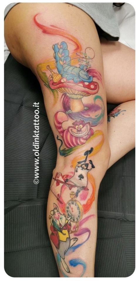 Alice In Wonderland Arm Sleeve Tattoo, Alice In Wonderland Tattoo Leg Sleeve, Alice In Wonderland Tattoo Color, Alice In Wonderland Leg Tattoo, Alice In Wonderland Thigh Tattoo, Alice In Wonderland Mushroom Tattoo, Disney Sleeve Tattoo For Women, Disney Tattoo Sleeves For Women, Alice In Wonderland Sleeve