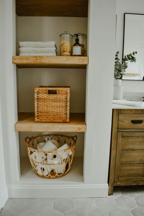 How to Transform a Linen Closet to Open Shelving - House On Longwood Lane Modern Eclectic Bathroom, White Subway Tile Bathroom, Small Linen Closets, Wooden Bathroom Vanity, Subway Tiles Bathroom, Farmhouse Vanity, Diy Bathroom Vanity, Eclectic Bathroom, Bathroom Closet