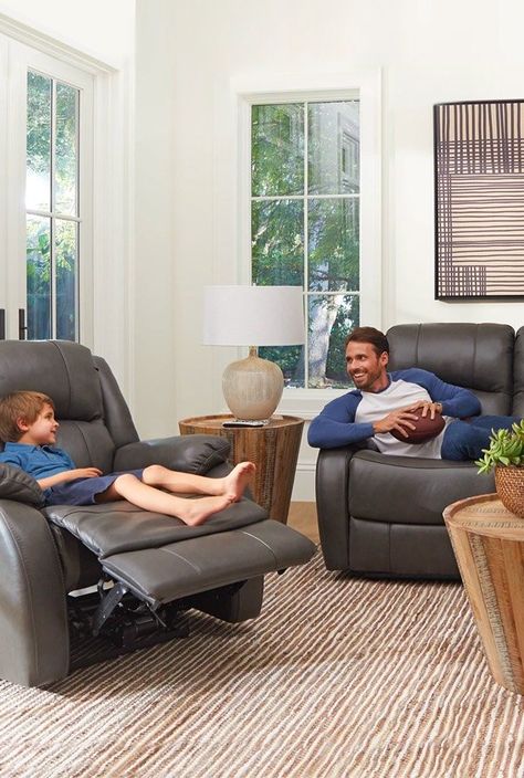 Whether he loves to watch movies with the family or sports with his friends, dad will appreciate a living room furniture upgrade! From recliners to entertainment units, we have it all. Shop our Father's Day living room furniture ideas now! Recliner Placement In Living Room, Tv Room Ideas Cozy, Mens Living Room Ideas, Mens Living Room, Glam Sofas, Beachy Living Room, Gray Console Table, Home Decor Ideas Bedroom, Home Entertainment Furniture