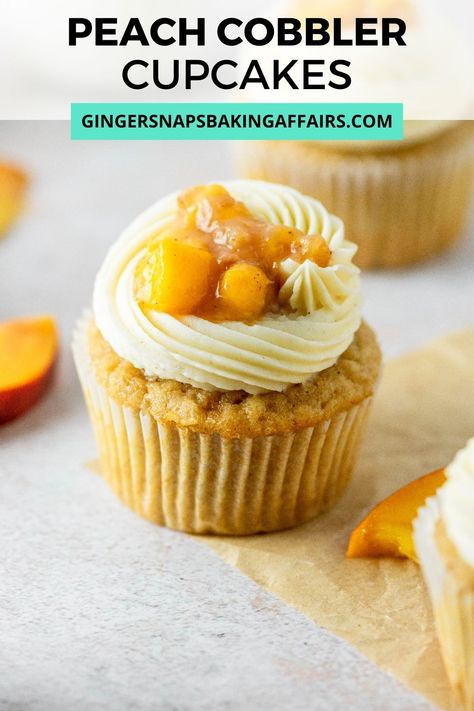 Cobbler Cupcakes, Mini Peach Cobbler, Cupcakes Yellow, Peach Cobbler Cupcakes, Mini Peach Pies, Peach Filling, Brown Sugar Peaches, Peach Cupcakes, Cinnamon Cupcakes