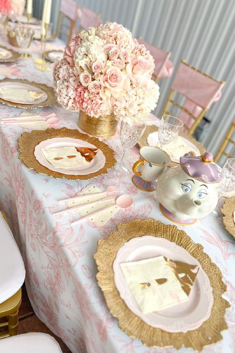 Feast your eyes on this magical princess-themed birthday party! The table settings are beautiful! See more party ideas and share yours at CatchMyParty.com Princess Table Decor, Princess Table Decorations, Princess Party Table Decor, Birthday Princess Theme, Princess Kids Party, Princess Table, Kids Party Tables, Magical Princess, Princess Theme Birthday