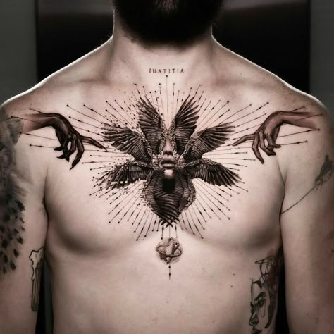 Guardian Angel Tattoo Designs, Justice Tattoo, Surreal Tattoo, Torso Tattoos, Angel Tattoo Designs, Tattoo Ideas For Men, Chest Piece Tattoos, Medusa Tattoo, Chest Tattoo Men