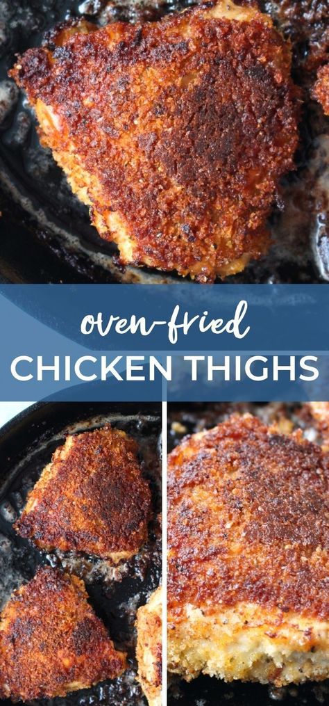 Oven Fried Chicken In Cast Iron Skillet, Cast Iron Chicken Thigh Recipes, Bone In Chicken Thigh Recipes Cast Iron, Amish Baked Chicken, Oven Fried Chicken Thighs Bone In, Chicken Thigh Recipes Crispy, Cast Iron Fried Chicken, Cast Iron Chicken Thighs, Oven Fried Chicken Thighs