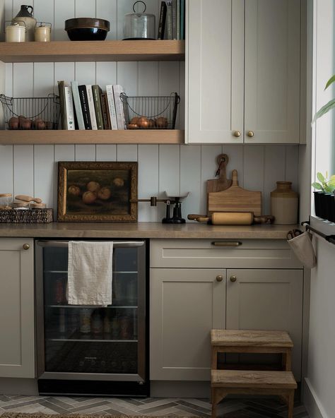 Green cabinets, pantry farmhouse rustic cabinets open shelves butcher block Kitchen Open Pantry Shelving, Butcher Block Counter Pantry, Butlers Pantry Fridge, Butlers Pantry Butcher Block, Pantry Shelf Styling, Open Shelves In Pantry, Butlers Pantry Shelves, Butchers Pantry Ideas, Beverage Fridge In Pantry