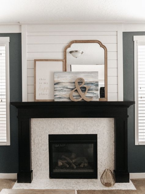 Modern Farmhouse Shiplap Fireplace with Dark Mantle Dark Mantle Decorating Ideas, Fireplace With Black Mantle, White Fireplace Gray Mantle, Dark Fireplace Surround, Dark Mantle Fireplace, Dark Fireplace Mantle, Dark Mantle, Colored Fireplace, Dark Fireplace