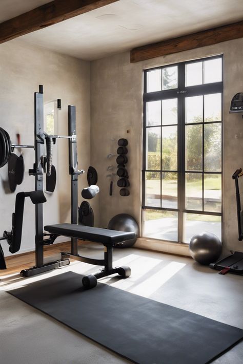 Home gym with weightlifting equipment and large window. Home Gym Posters, Small Home Gym Decor, Gym Room Aesthetic, Cool Home Gym, Modern Gym Interior Design, Rustic Home Gym, Small Gym Room Ideas, Home Gym Decor Ideas, Home Gym Aesthetic