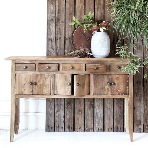 Classic Rustic Decor, Antique Wall Shelf, Console Tables Entryway, Rustic Furniture Design, Character Features, Rustic Sideboard, Farmhouse Style Furniture, Rustic Console Tables, Console Table Styling