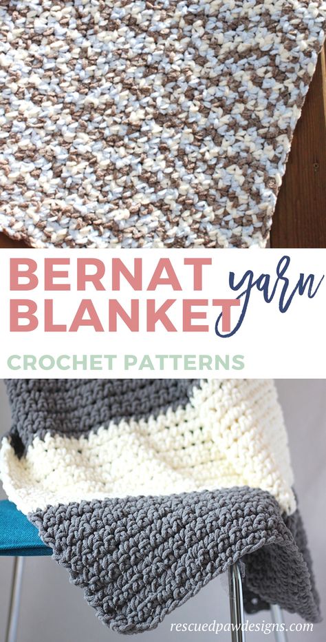 Make these Bernat Blanket Yarn patterns using these FREE Crochet patterns!   #bernat #rescuedpawdesigns #freecrochetpattern #crochetblanketpatterns Blanket Yarn Crochet Patterns, Bernat Blanket Yarn Crochet, Blanket Yarn Crochet, Bernat Blanket Patterns, Comfy Crochet, Easy Blanket, Bernat Baby Blanket Yarn, Bernat Yarn, Bernat Baby Blanket