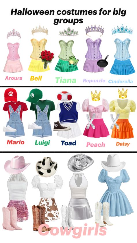 Disney princess ✨ Mario characters ✨ Cowgirls Costume Ideas For Big Groups, Mario Character Costumes, Disney Group Costumes, Big Group Halloween Costumes, Halloween Costumes For Big Kids, Fun Halloween Outfits, Mario Costume, Cute Group Halloween Costumes, Disney Princess Costumes