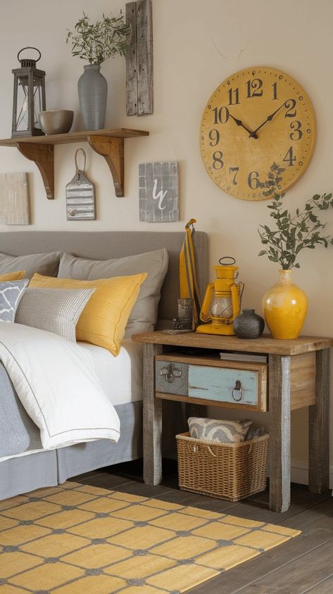 Transform Your Space: Top 10 Yellow & Grey Bedroom Ideas Gray And Mustard Bedroom, Yellow And Grey Room, Grey Farmhouse Bedroom, Yellow And Grey Bedroom, Yellow Gray Bedroom, Guest Room Office Combo, Grey Farmhouse, Grey Bedroom Ideas, Farmhouse Bedroom Ideas