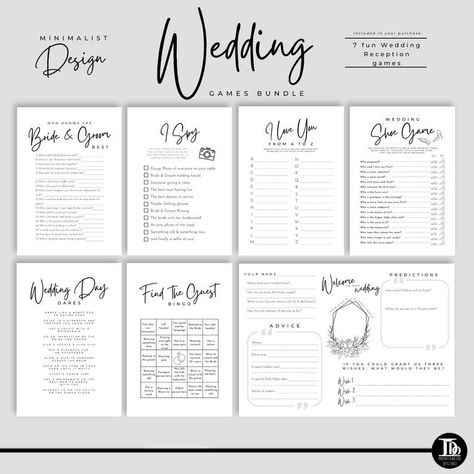 A stylish minimalist design wedding games bundle for your big day. A great way to keep your guests entertained. Perfect for breaking the ice at weddings and amazing keepsakes. Just download, print and add to your Wedding table.   Included in your pur... Wedding I Spy, Wedding Table Games, Reception Games, Wedding Games For Guests, Hunting Wedding, Wedding Reception Games, Wedding Reception Fun, Games Printable, Ice Breaker