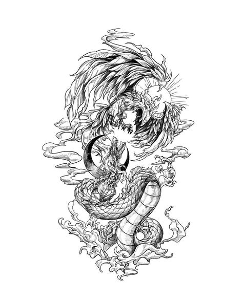 Big Tattoo Designs Drawings, Phoenix And Dragon Tattoo Design, Phoenix Dragon Tattoo, Dragon Phoenix Tattoo, Phoenix And Dragon Tattoo, Dragon And Phoenix Tattoo, Phoenix And Dragon, Half Sleeve Tattoo Stencils, Dragon Tattoos For Men