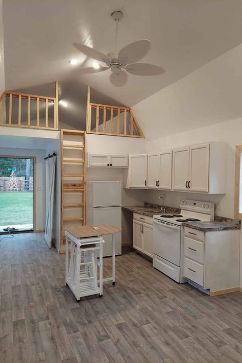 This 12x40 converted shed tiny home is a great family home with a small footprint! Three sizable sleeping areas including main floor bedroom! Shed To Tiny House With Loft, Tiny House With 2 Lofts, 16x30 Shed House Plans, 12 X 40 Tiny House Floor Plans, Livable Sheds Floor Plans, 12x40 Shed House Interior, Shed To Home Conversion, Shed House Interior, Shed To Home