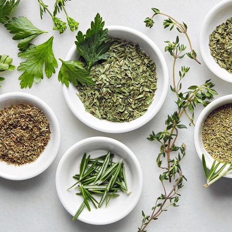 How to Substitute Dried Herbs for Fresh (and Vice Versa) | Epicurious Onion Dip Mix, Store Fresh Herbs, Drying Cilantro, Herb Garden In Kitchen, Kitchen Herbs, Tea Sampler, Dried Herbs, How To Dry Rosemary, Spices And Herbs