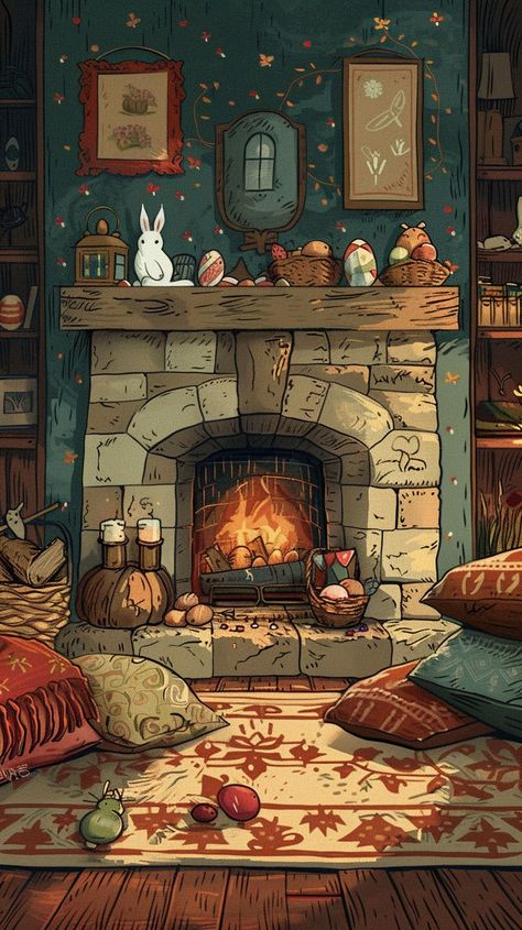 Get into the Easter spirit with this cozy fireplace phone wallpaper! 🔥🐰 Perfect for adding a festive touch to your device this holiday season. #EasterDecor #PhoneWallpaper #CozyFireplace #EasterVibes 🔥📱 Cottage Iphone Wallpaper, Cute Cozy Wallpapers, Cozy Art Wallpaper, November Illustration, Cozy Wallpapers, Wallpaper Cottage, Wallpaper November, Cozy Illustration, Fireplace Drawing