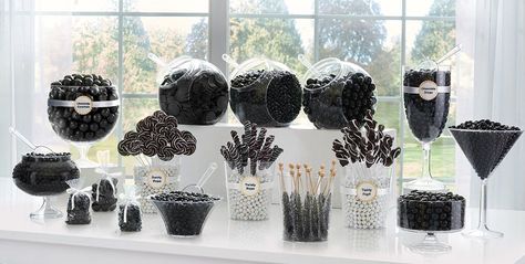 Black Candy Buffet Supplies - Black Candy & Containers | Party City Black Candy Table, Black Panther Party Ideas, Black Candy Buffet, White Candy Buffet, Candy Buffet Bar, Rip 20s, Black Dessert, Black Party Decorations, 70 Birthday