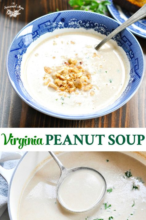 Take a step back in time with a classic Southern dish! Rich, creamy and smooth, this Virginia Peanut Soup is the old-fashioned recipe made famous at the taverns in Colonial Williamsburg. With one bite, you'll quickly realize why it has been loved for generations! Usa Recipes, Peanut Butter Soup, Colonial Recipe, Medieval Recipes, Leftovers Soup, Peanut Soup, Roasted Butternut Squash Soup, Take A Step Back, Colonial Williamsburg