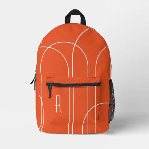 Minimalist Abstract Orange Monogram Printed Backpack Orange Rectangular Backpack For Everyday, Casual Orange Backpack Bag, Orange Everyday Backpack With Adjustable Strap, Casual Orange Backpack, Orange Backpack, Printed Backpack, Stylish Backpack, Monogram Backpack, White Backpack