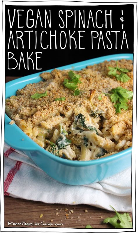 Spinach Artichoke Pasta Bake, Artichoke Pasta Bake, Spinach And Artichoke Pasta, Artichoke Bake, Vegan Casserole Recipes, Vegan Casseroles, Pasta Con Broccoli, Spinach Artichoke Pasta, Vegan Spinach