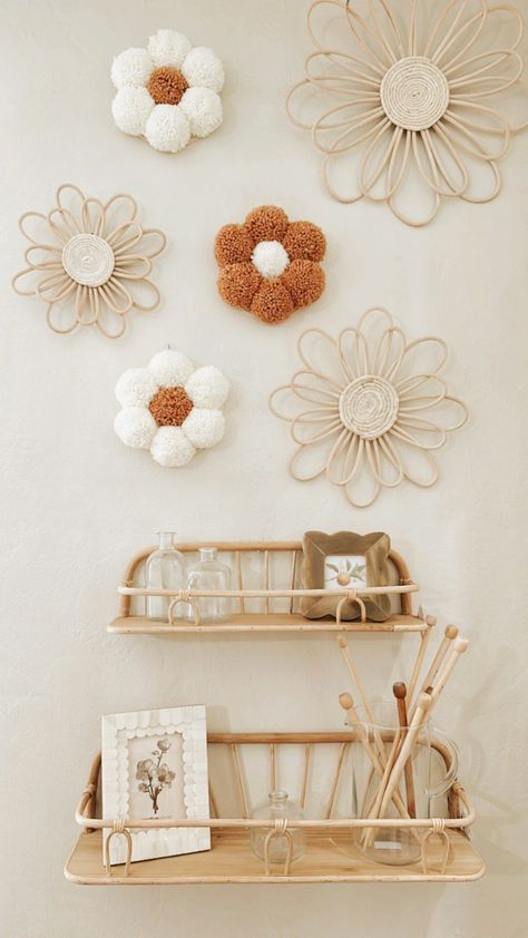 Flower Wall With Name Nursery, Nursery Flowers On Wall, Boho Fitting Room, Pastel Boho Nursery, Orange Boho Nursery, Neutral Flower Nursery, 70s Nursery Decor, Nursery Ideas Flowers, Baby Girl Nursery Daisy