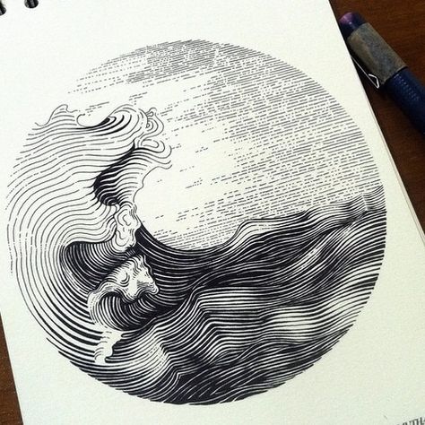 11-Waves-Muthahari-Insani-Beautifully-Detailed-Ink-Drawings-and-Doodles-www-designstack-co Stylo Art, Tattoo Painting, Tatuagem Masculina Pequena, Mountain Tattoo, Waves Tattoo, Desenho Tattoo, Ink Drawings, Landscape Illustration, Trendy Tattoos