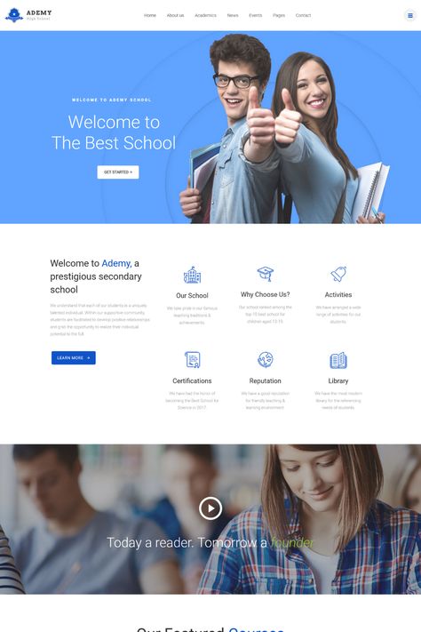 Ademy is a modern and user-friendly WordPress theme designed for educational institutions, schools, and universities. With its customizable templates and intuitive interface, it offers a comprehensive solution for creating and managing your school website, showcasing your programs, faculty, and events. The theme is optimized for speed and performance, ensuring that your site loads quickly and offers a smooth user experience. College Website Design, University Website Design, School Website Design, School Website Templates, Web Design School, College Website, Profile Website, Webpage Template, Website Home Page