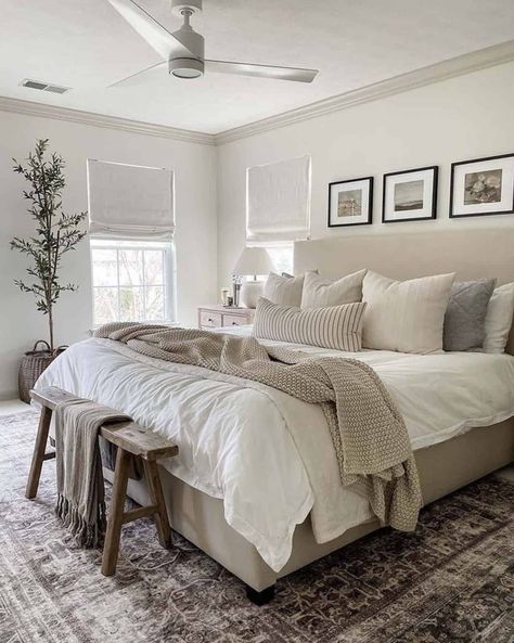 21 Inspiring Cozy Bedroom Design Ideas To Make Your Haven Hall Bathroom Update, Magnolia Homes Joanna Gaines Master Bedrooms, Country Chic Master Bed, Gray Scheme Bedroom, Accent Rug Over Carpet Bedroom, Bedroom Canvas Wall Art, Bedroom Decor With Sitting Area, Grey And Creme Bedroom, Comfy Guest Bedroom Ideas