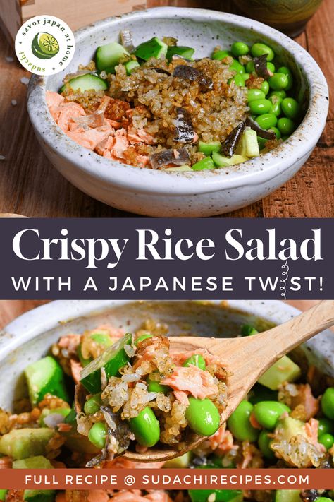 Crispy Rice Salad with Japanese Twist Crispy Rice Salmon Cucumber Salad With Creamy Asian Dressing, Salmon With Crispy Rice, Crispy Rice Salmon Cucumber Salad, Crispy Rice Salmon Salad, Crispy Rice And Salmon, Low Carb Japanese Food, Crispy Rice With Salmon, Japanese Salads, Crispy Rice Salmon